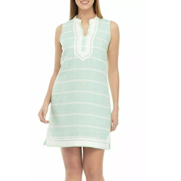 Crown & Ivy Linen Dress Size 14 Kurta Green Sleeveless Striped - Picture 1 of 11